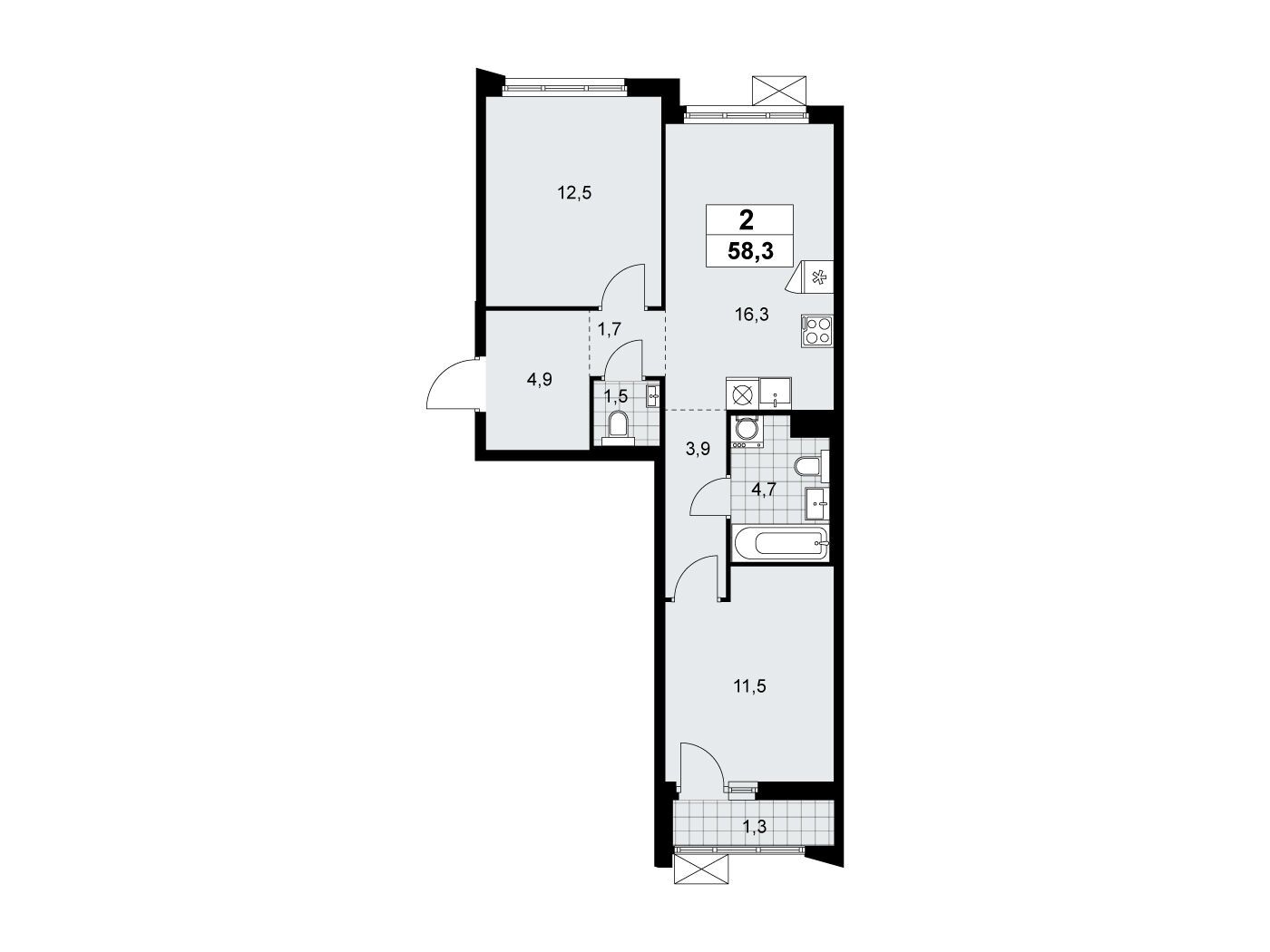 Планировка: 2-комн. квартира 58.30 м² в новостройке Деснаречье