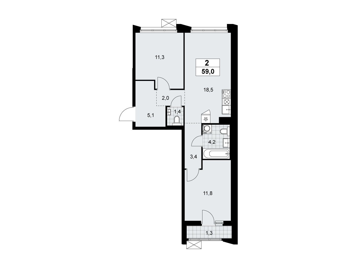 Планировка: 2-комн. квартира 59.00 м² в новостройке Деснаречье