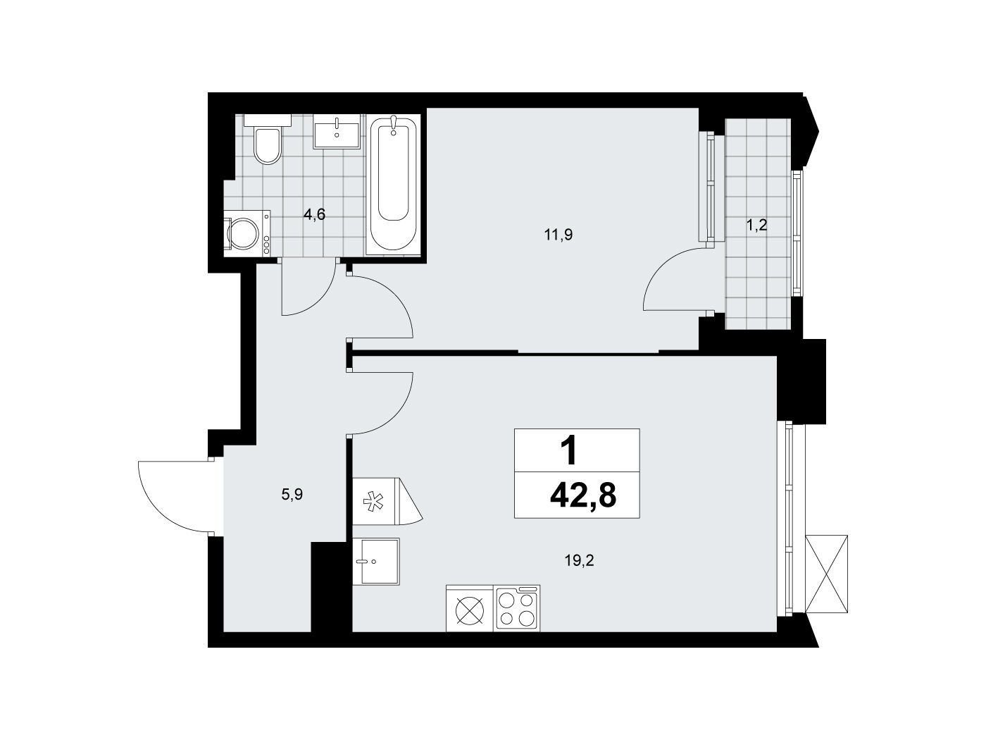 Планировка: 1-комн. квартира 42.80 м² в новостройке ЖК Деснаречье