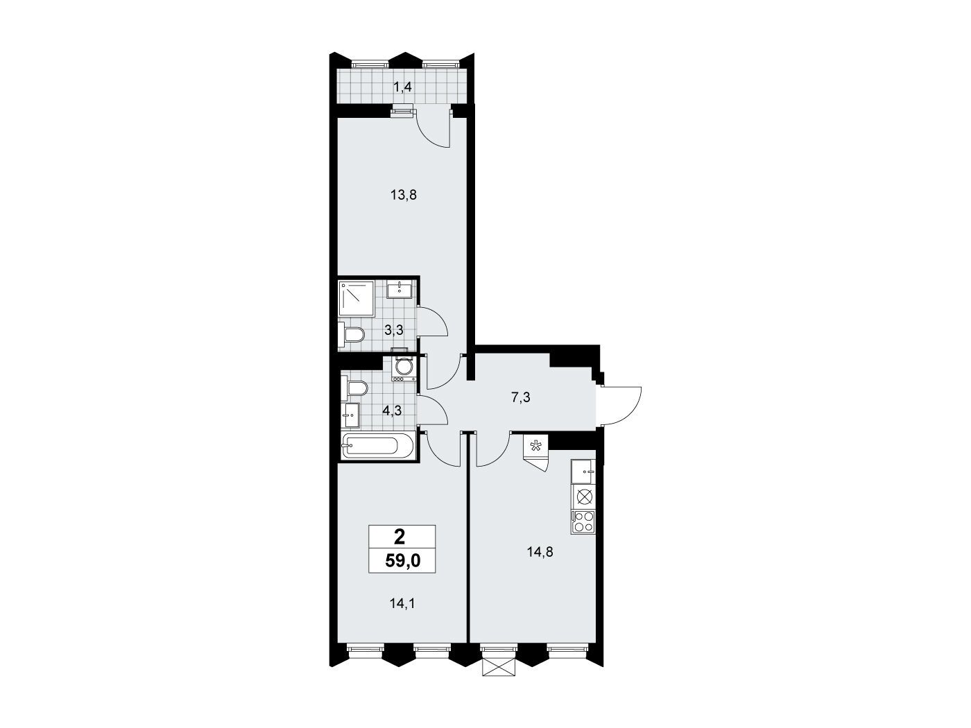 Планировка: 2-комн. квартира 59.00 м² в новостройке Деснаречье