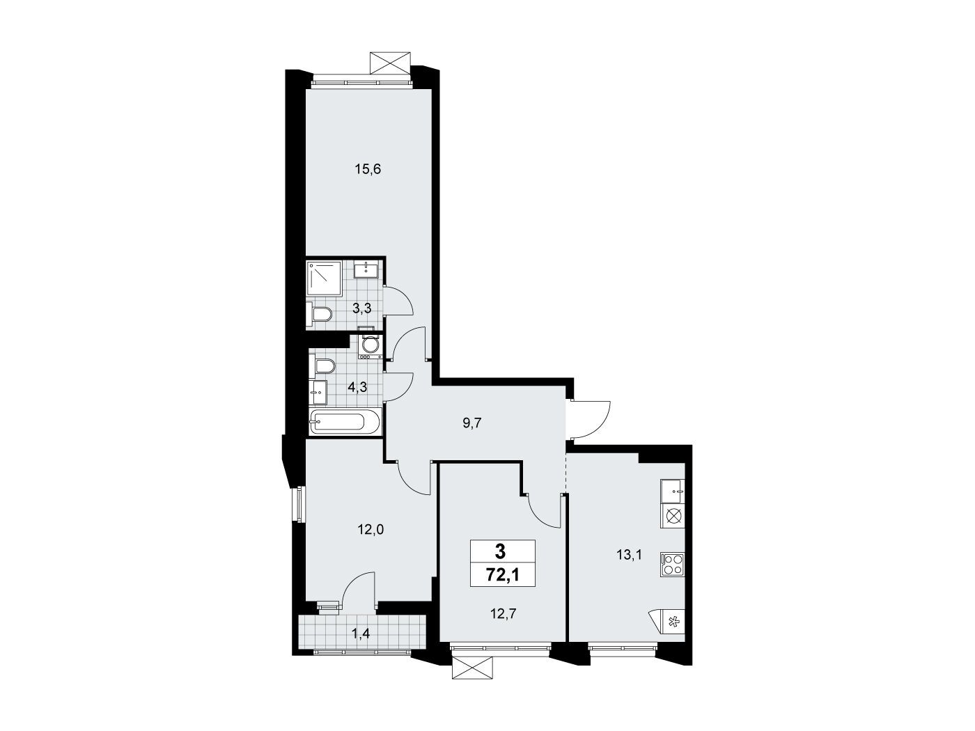 Планировка: 3-комн. квартира 72.10 м² в новостройке Деснаречье