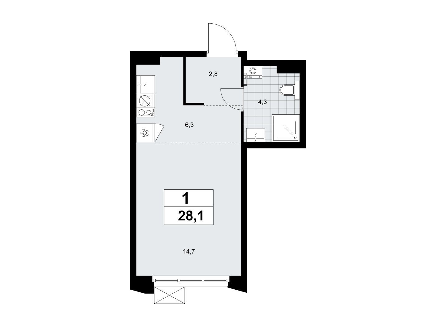 Планировка: Студия 28.10 м² в новостройке Деснаречье