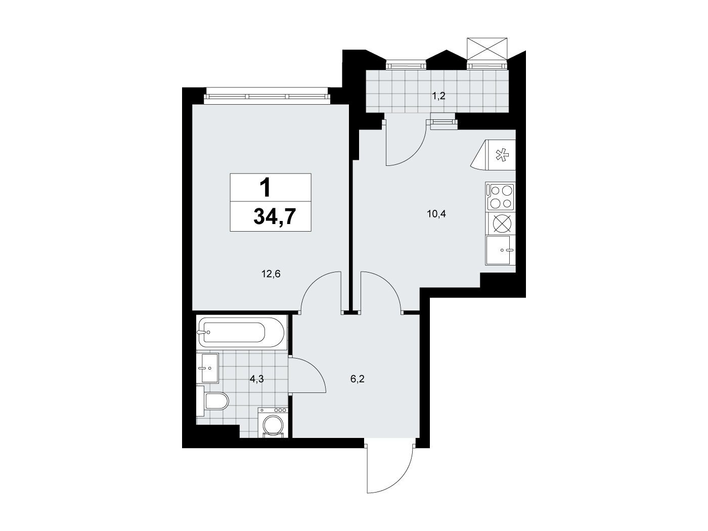 Планировка: 1-комн. квартира 34.70 м² в новостройке Деснаречье