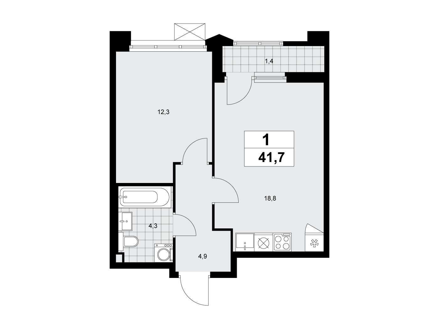 Планировка: 1-комн. квартира 41.70 м² в новостройке Деснаречье