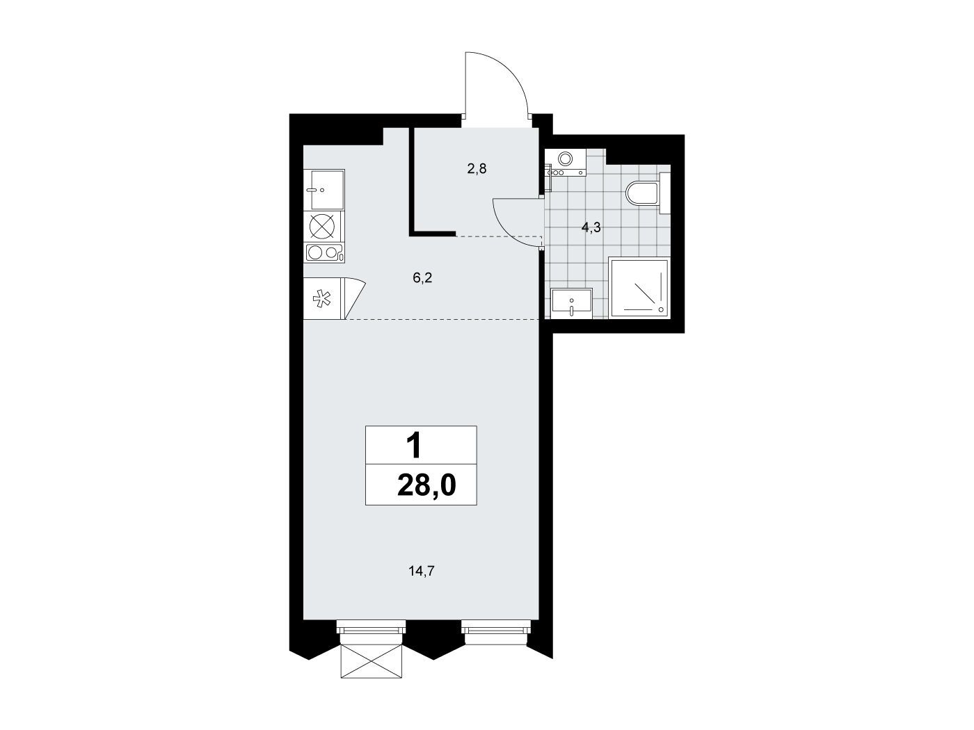 Планировка: Студия 28.00 м² в новостройке Деснаречье