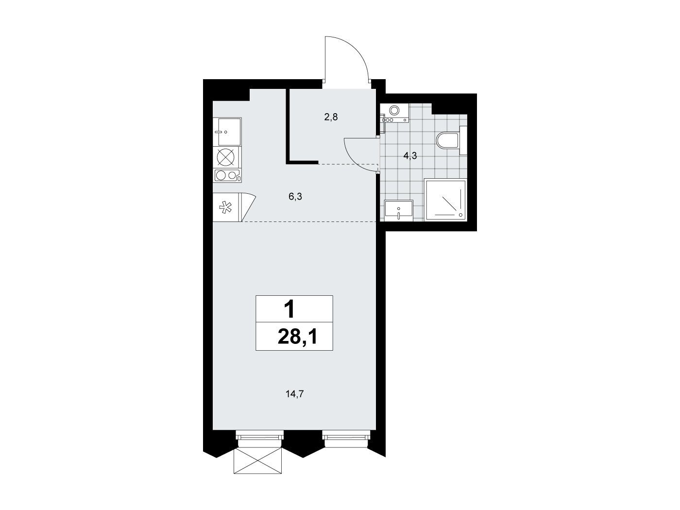 Планировка: Студия 28.10 м² в новостройке Деснаречье