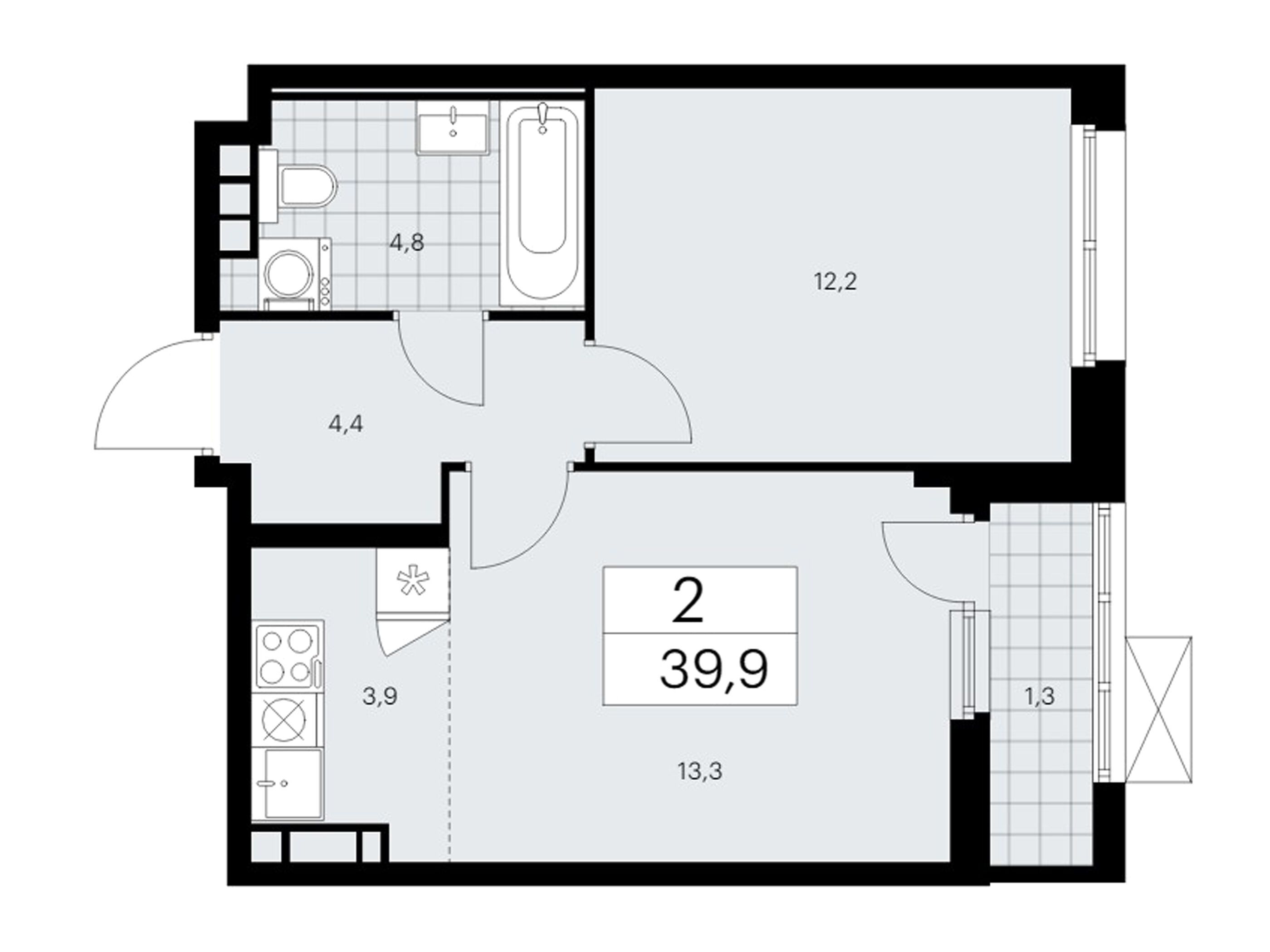 Планировка: 2-комн. квартира 39.90 м² в новостройке Скандинавия