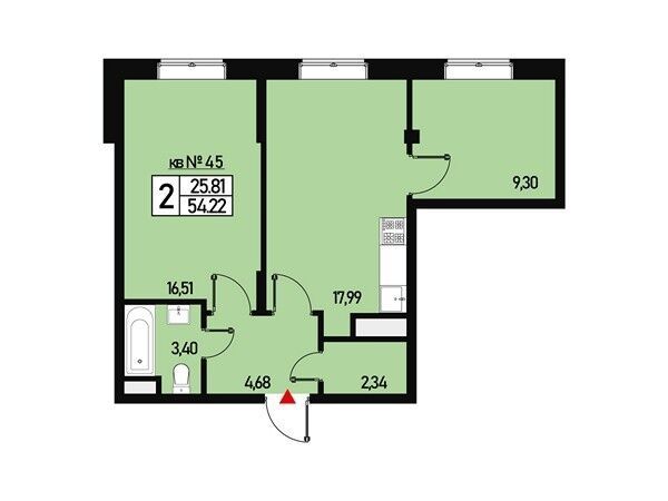 Планировка: 2-комн. квартира 54.00 м² в новостройке Борисоглебское