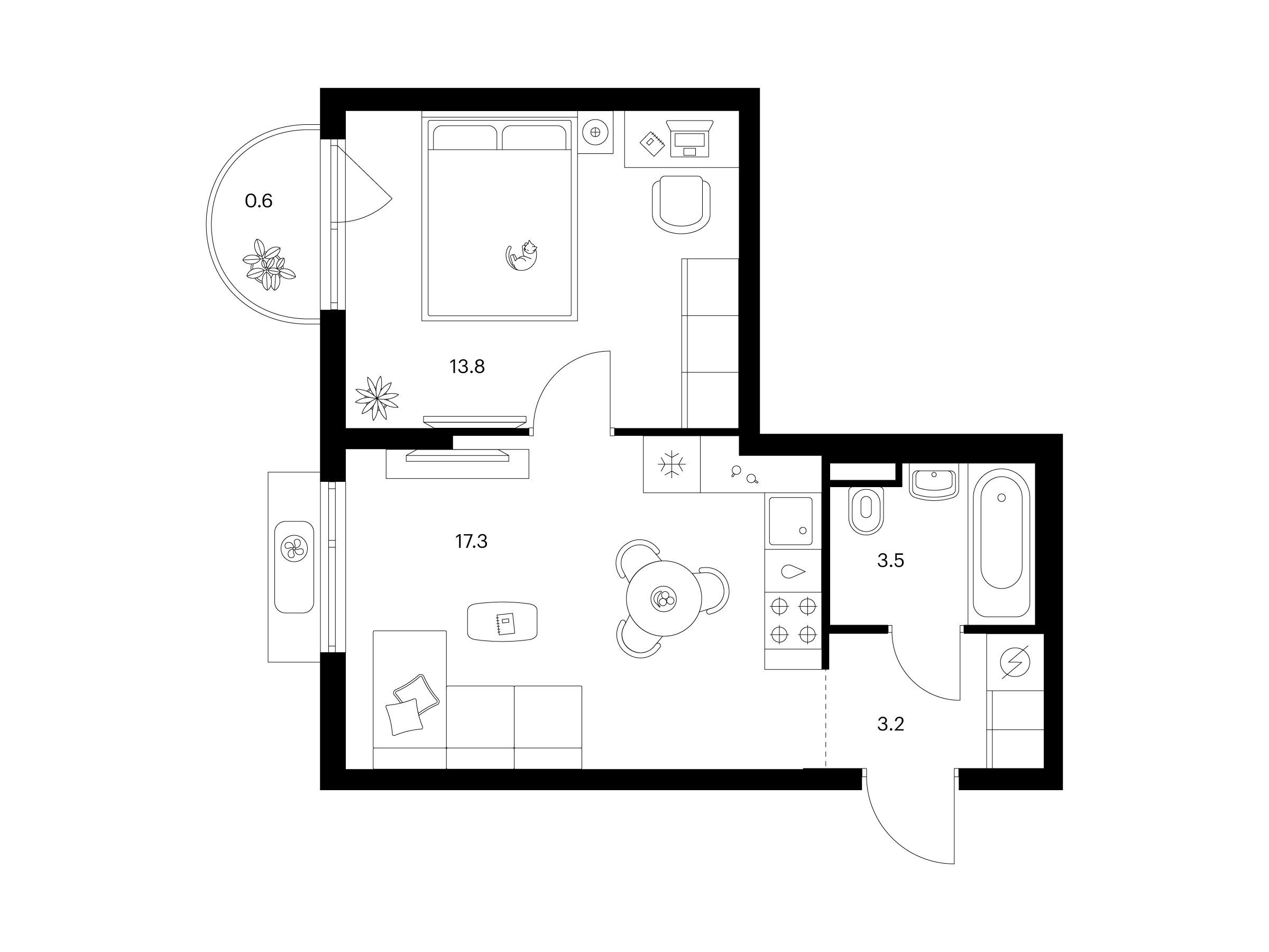 Планировка: 1-комн. квартира 38.40 м² в новостройке Середневский лес