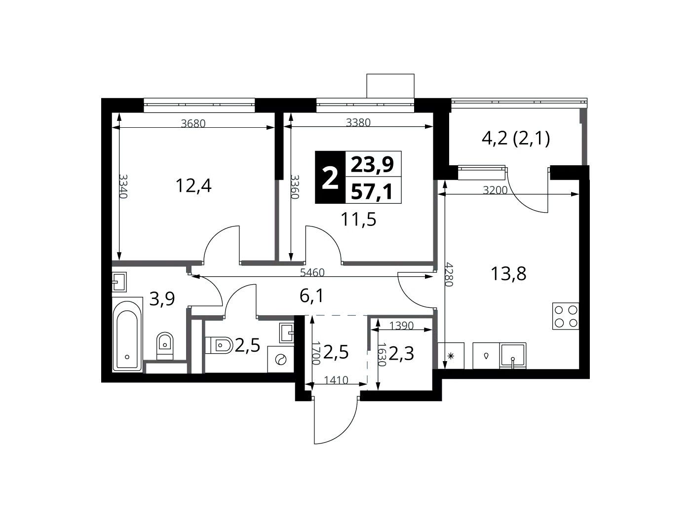 Планировка: 2-комн. квартира 57.10 м² в новостройке 1-й Ясеневский