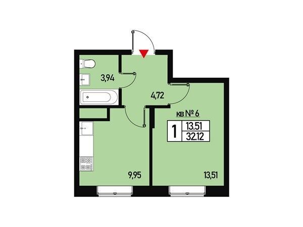 Планировка: 1-комн. квартира 32.00 м² в новостройке Борисоглебское