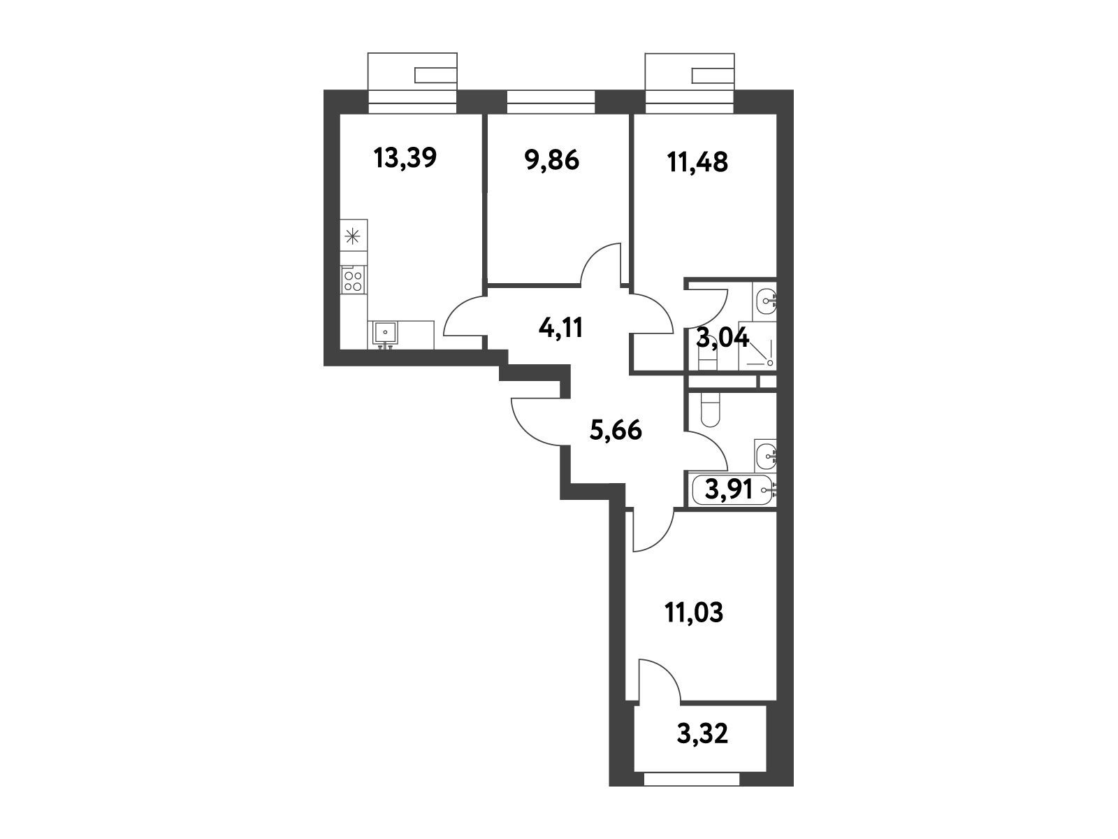 Планировка: 3-комн. квартира 64.10 м² в новостройке Смарт Гарден