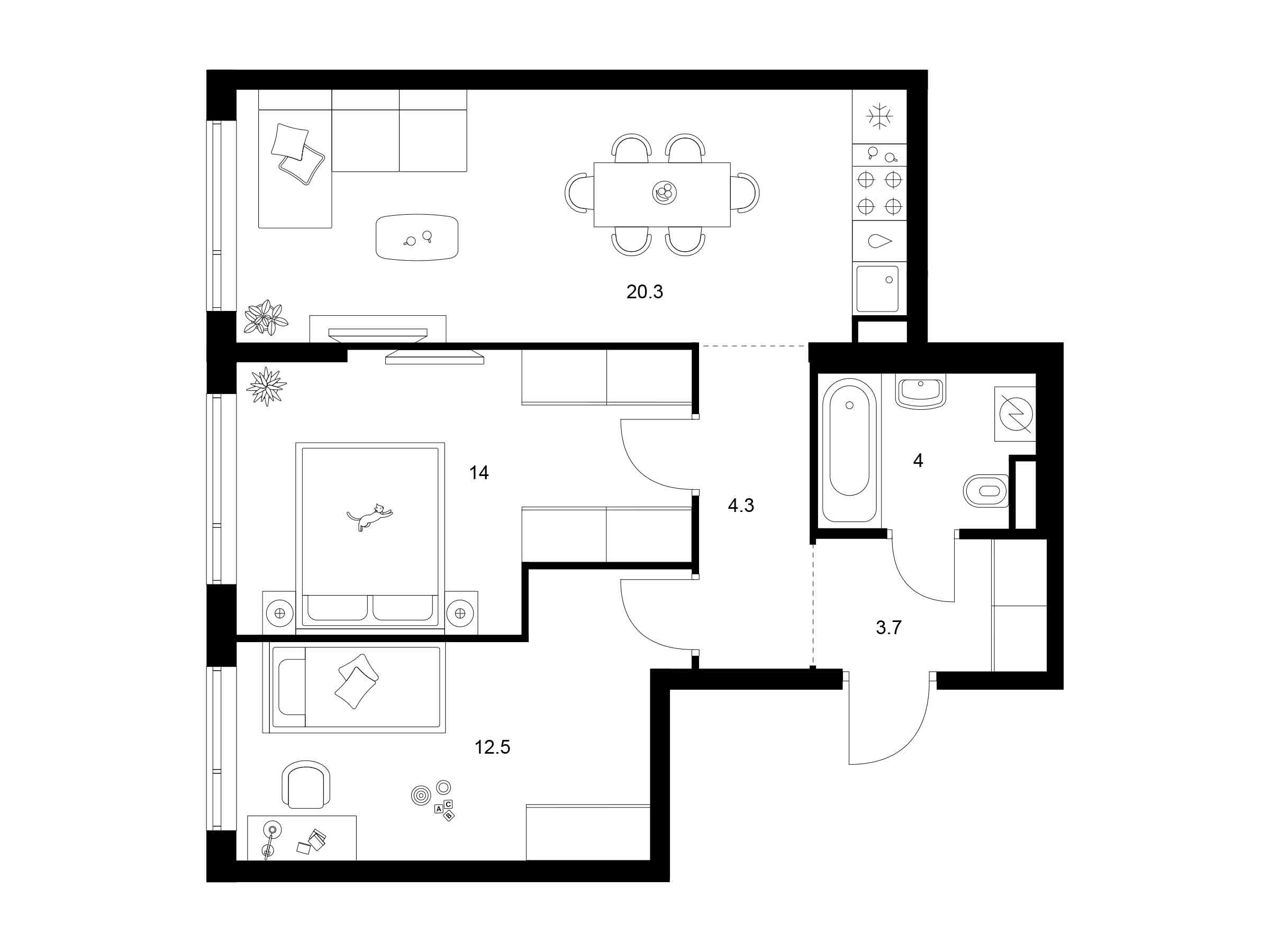 Планировка: 2-комн. квартира 58.80 м² в новостройке Бунинская набережная