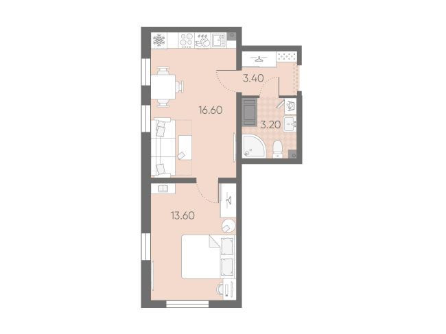 Планировка: 1-комн. квартира 36.80 м² в новостройке Октябрьская набережная