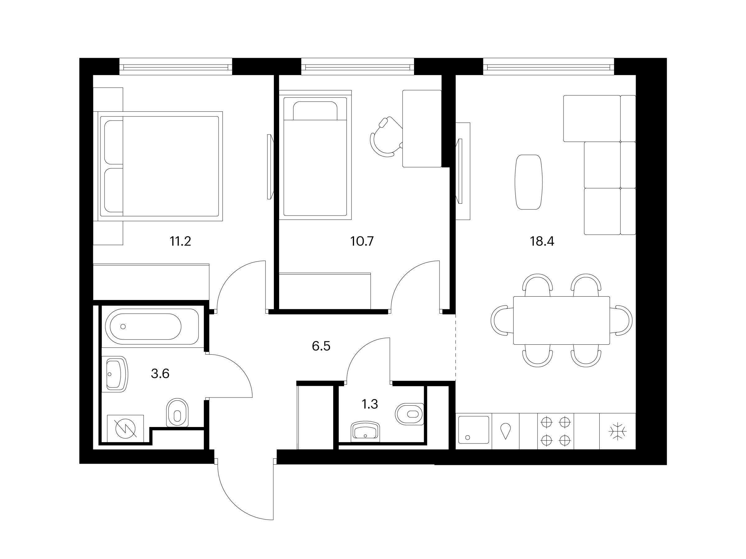Планировка: 2-комн. квартира 51.70 м² в новостройке Витебский парк