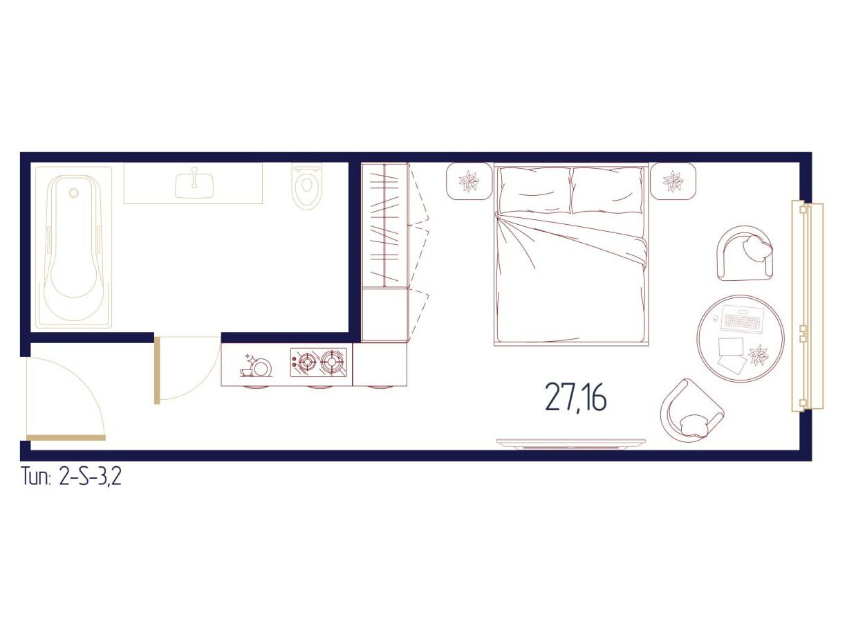Планировка: Студия 26.70 м² в новостройке ЖК Вало