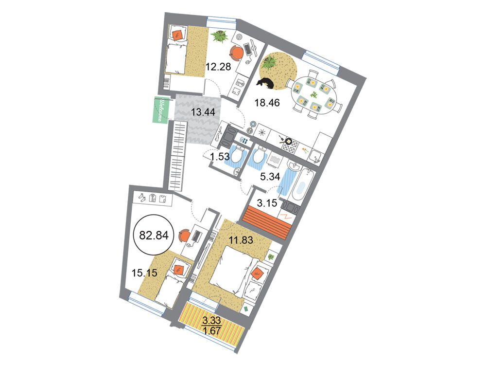 Планировка: 4-комн. квартира 82.84 м² в новостройке Модум
