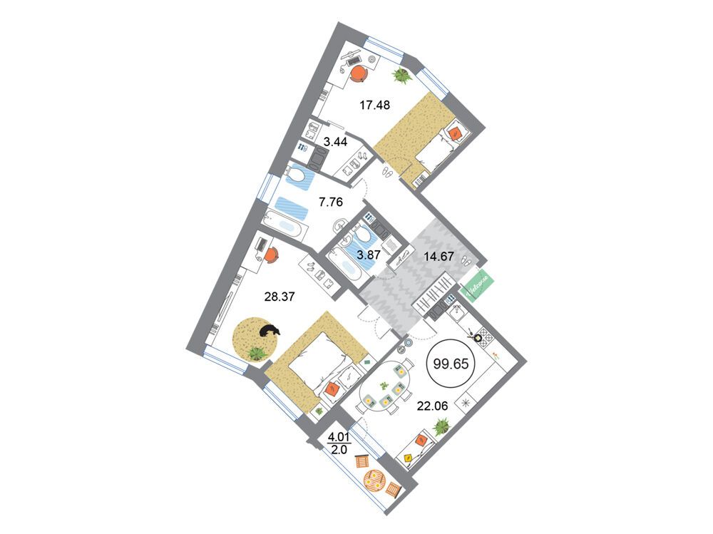 Планировка: 2-комн. квартира 99.65 м² в новостройке Модум