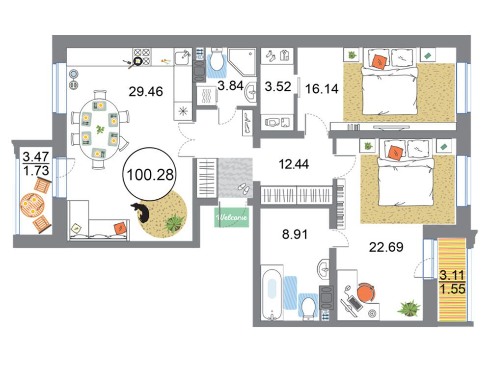Планировка: 3-комн. квартира 100.28 м² в новостройке ЖК Модум