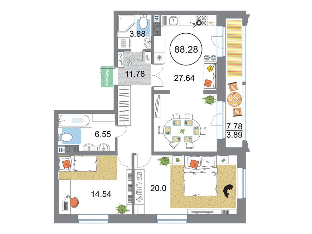 Планировка: 3-комн. квартира 88.28 м² в новостройке ЖК Модум