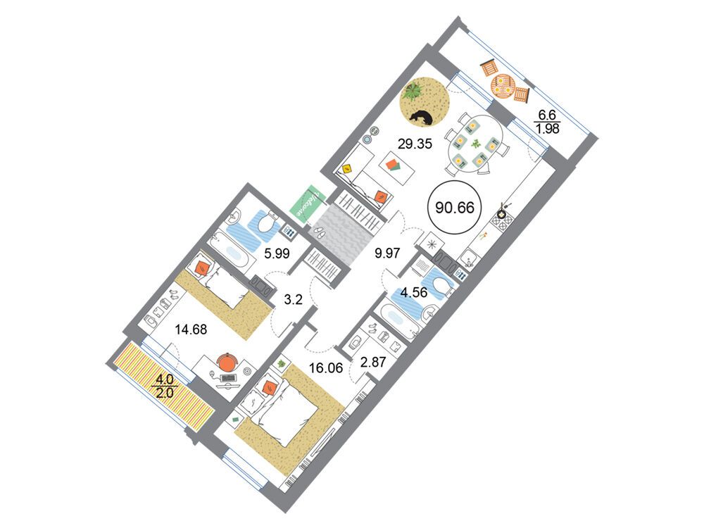 Планировка: 3-комн. квартира 90.66 м² в новостройке Модум