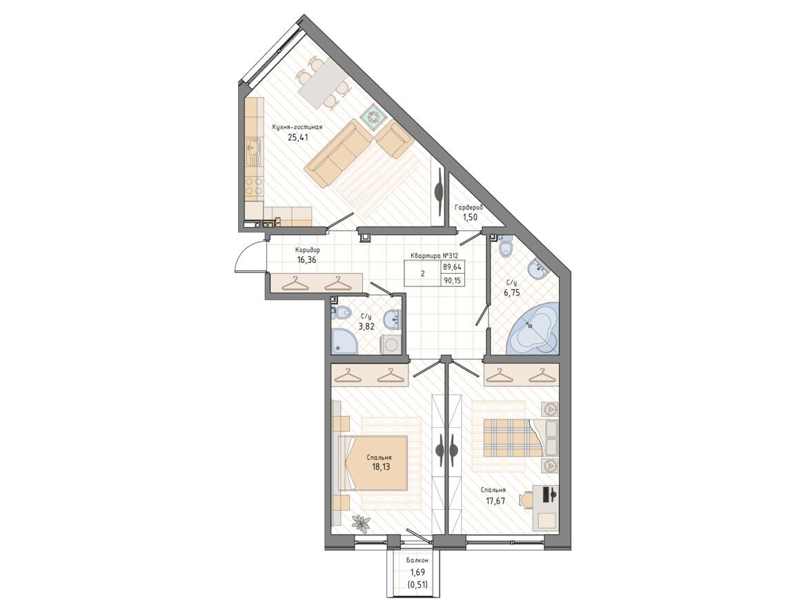 Планировка: 2-комн. квартира 91.00 м² в новостройке ЖК Мануфактура Джеймс Бэк
