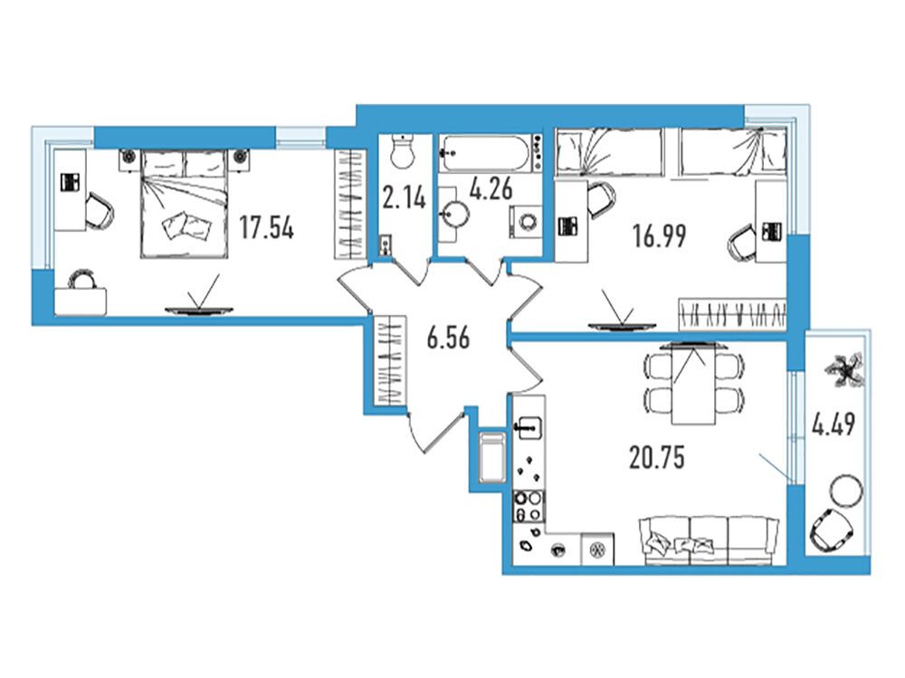 Планировка: 2-комн. квартира 70.49 м² в новостройке Искра Сити