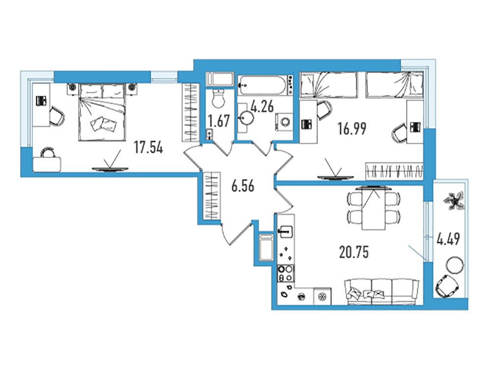 Планировка: 2-комн. квартира 70.02 м² в новостройке Искра Сити