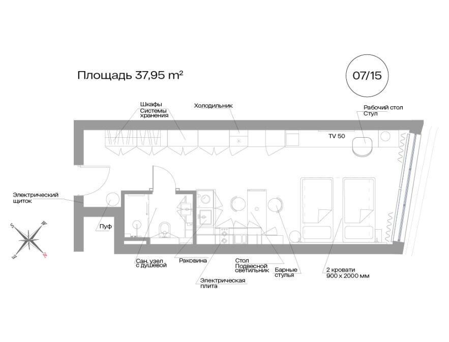 Планировка: Студия 38.00 м² в новостройке Апарт-отель Велл Московский