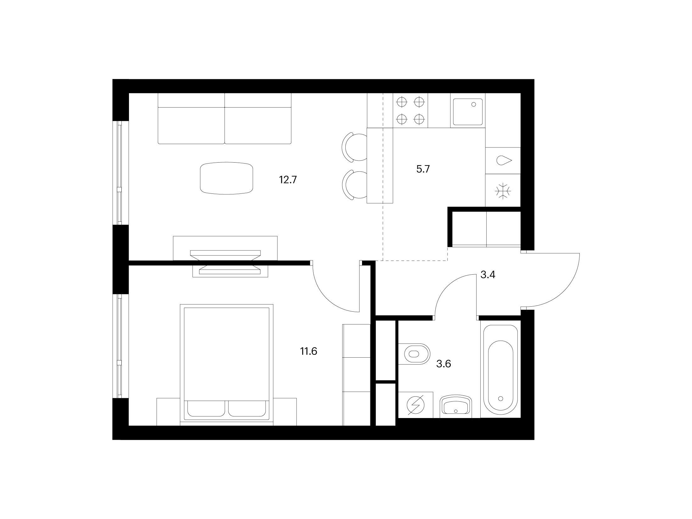 Планировка: 1-комн. квартира 37.00 м² в новостройке Витебский парк