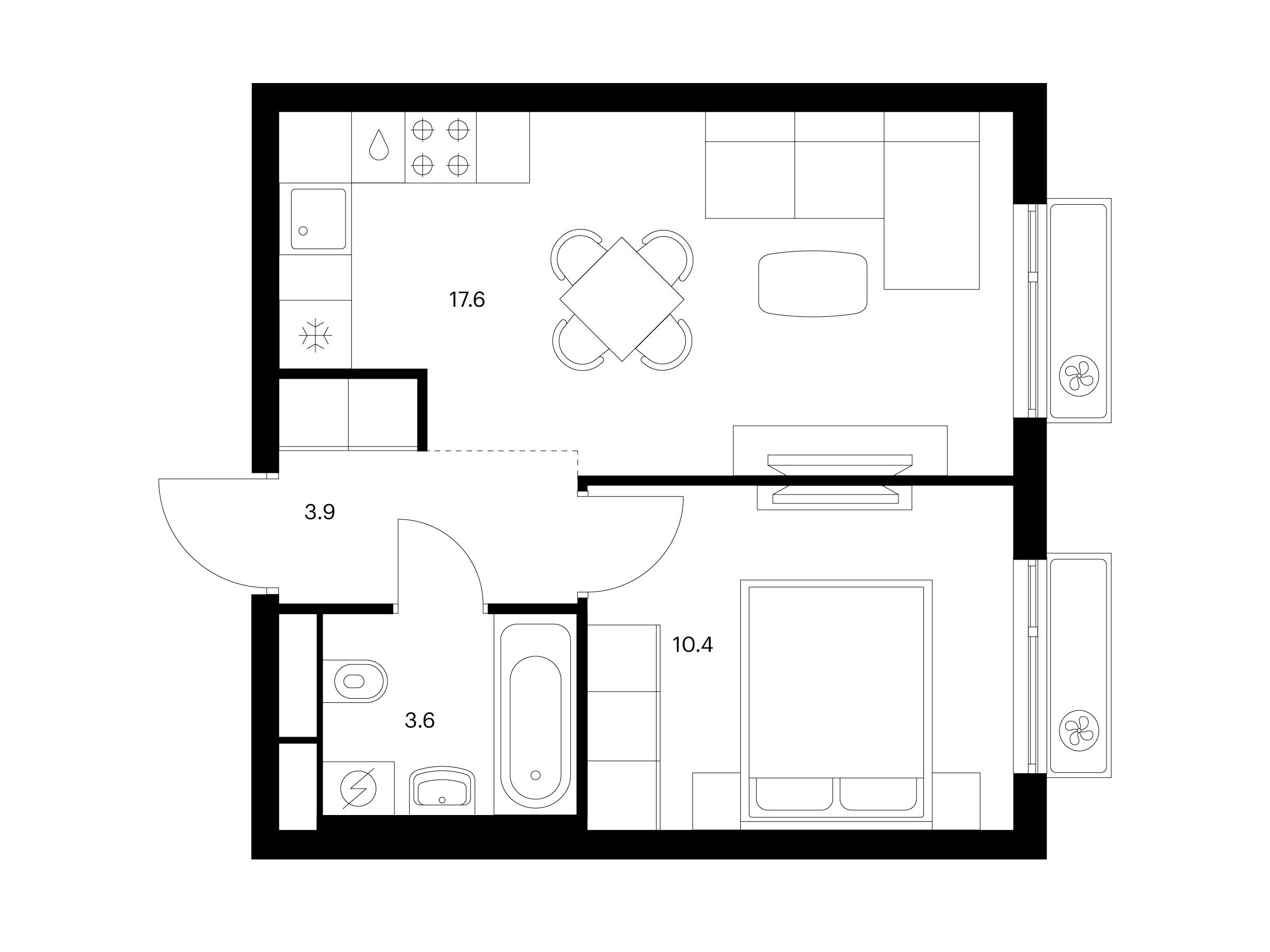 Планировка: 1-комн. квартира 35.50 м² в новостройке Витебский парк