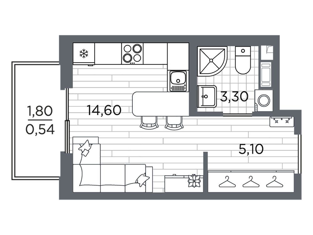 Планировка: Студия 23.54 м² в новостройке Плюс Пулковский