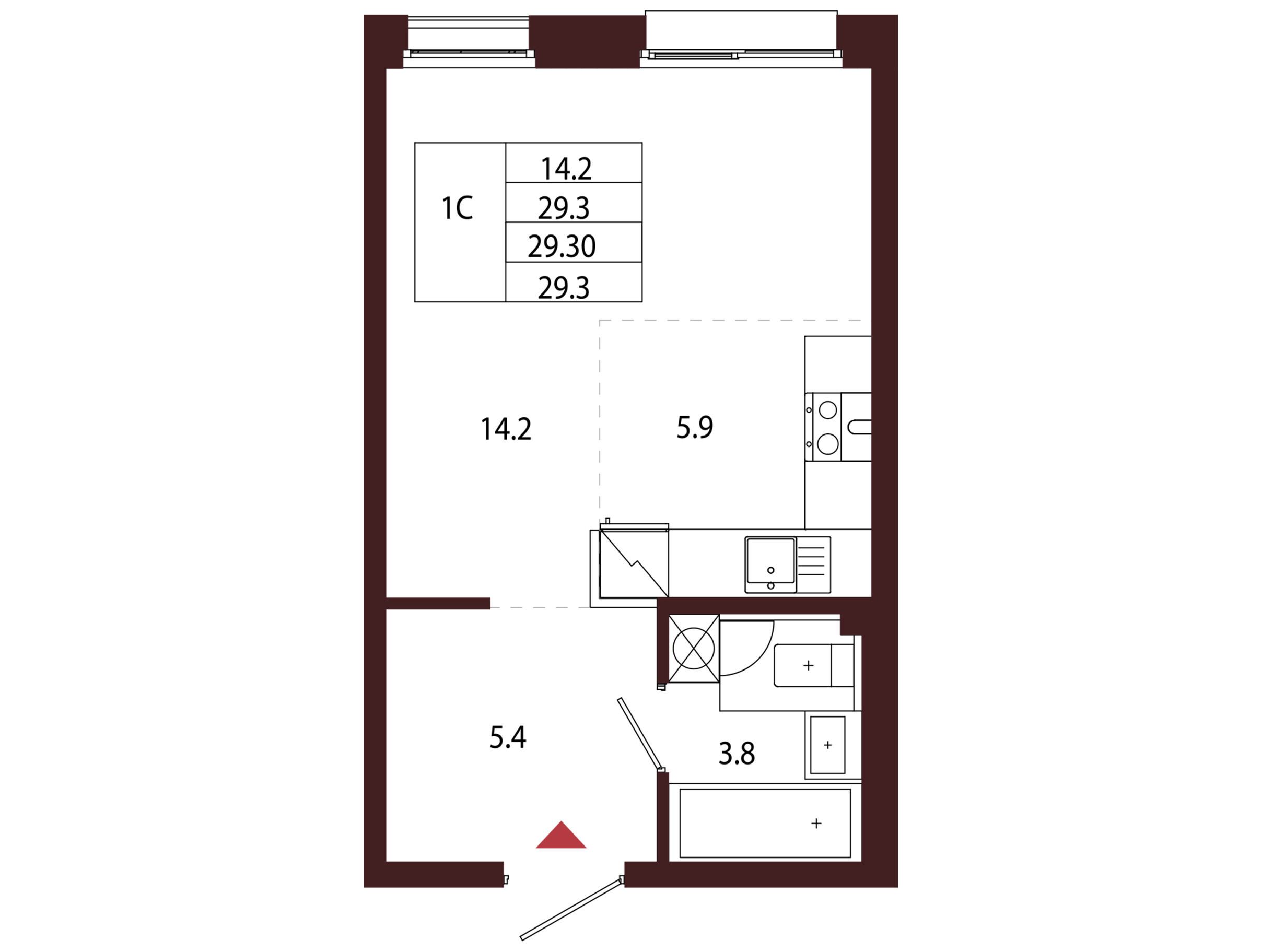 Планировка: 1-комн. квартира 29.30 м² в новостройке Лисино