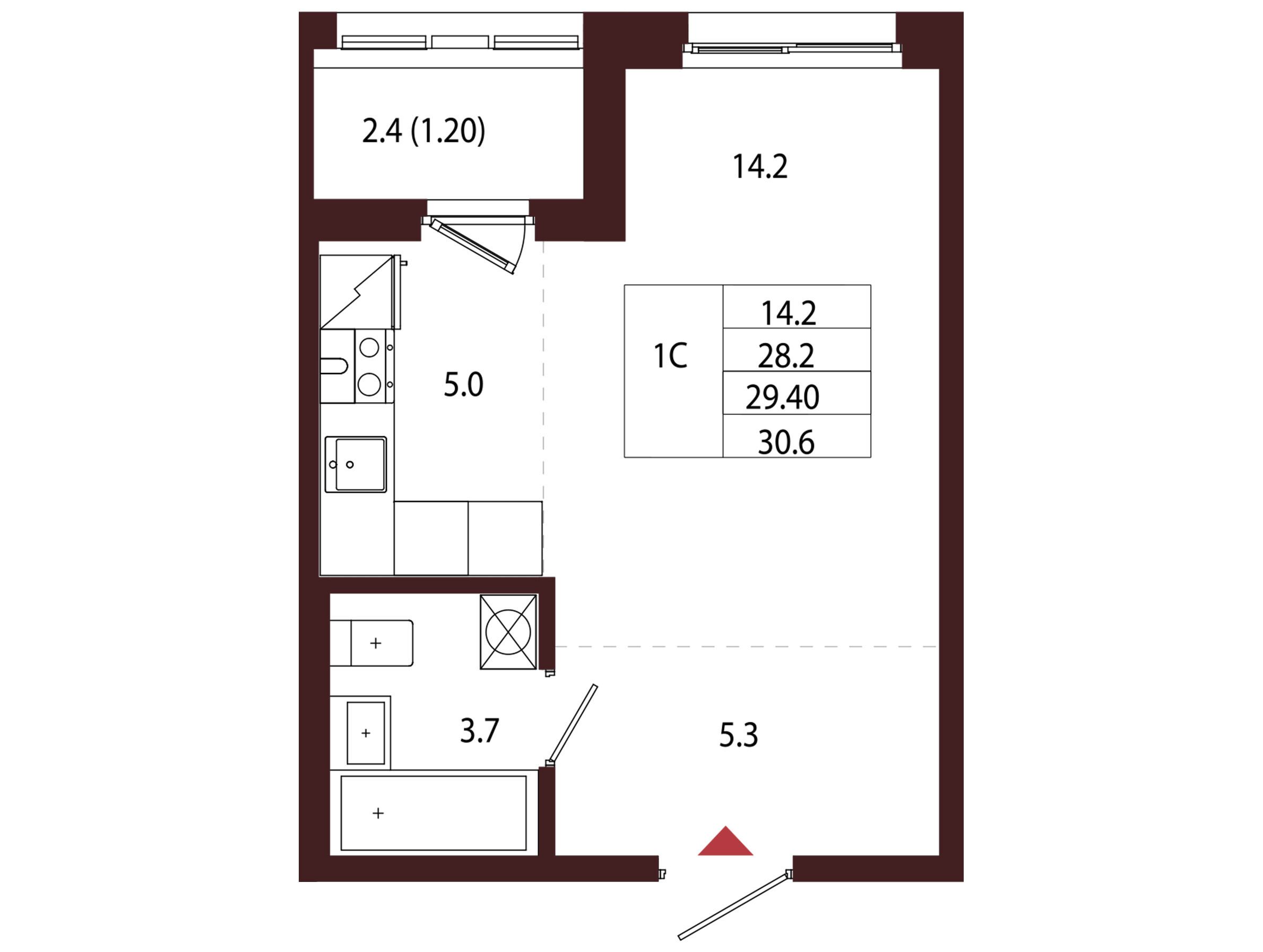 Планировка: 1-комн. квартира 29.40 м² в новостройке Лисино
