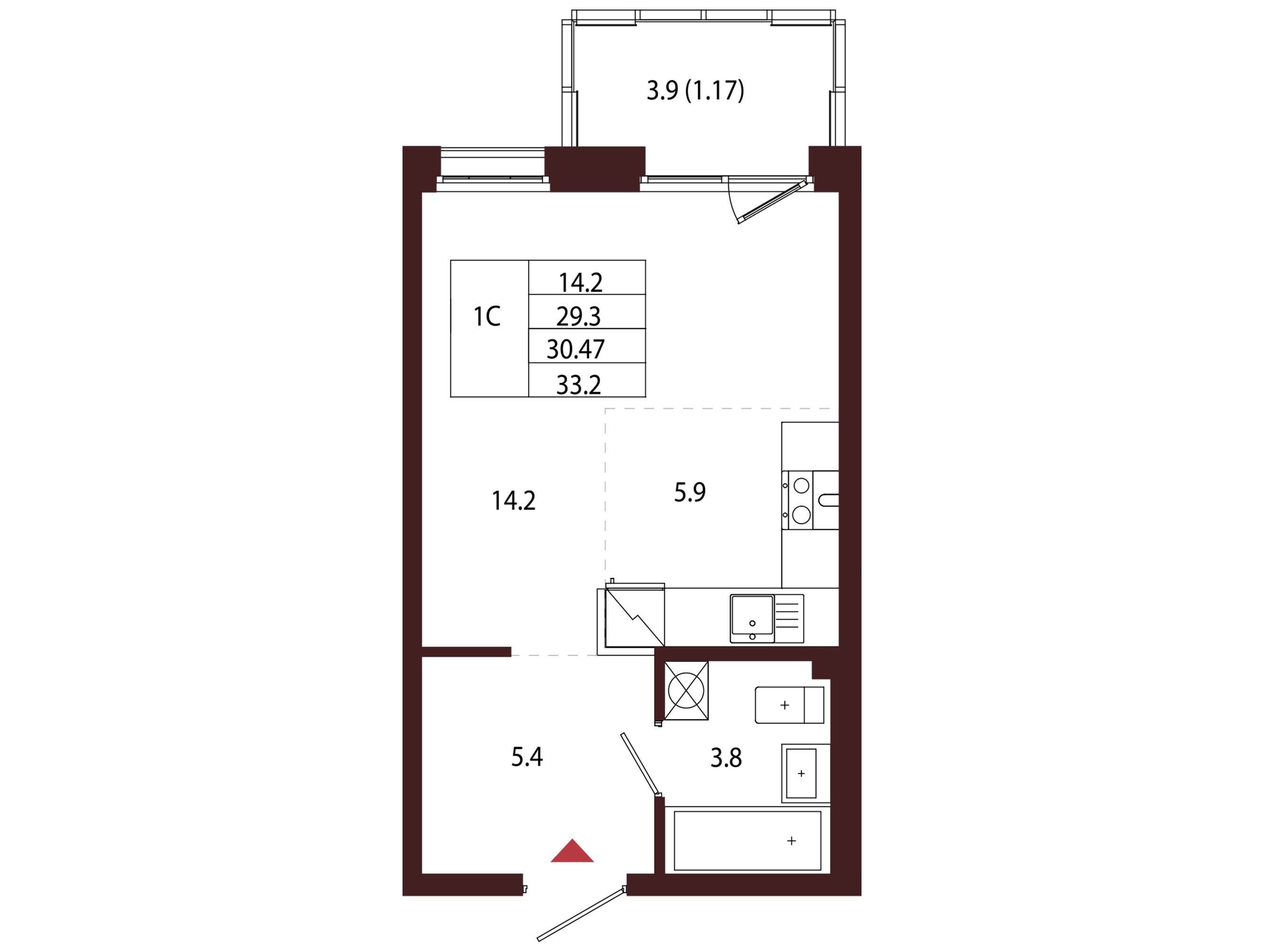 Планировка: 1-комн. квартира 30.47 м² в новостройке Лисино
