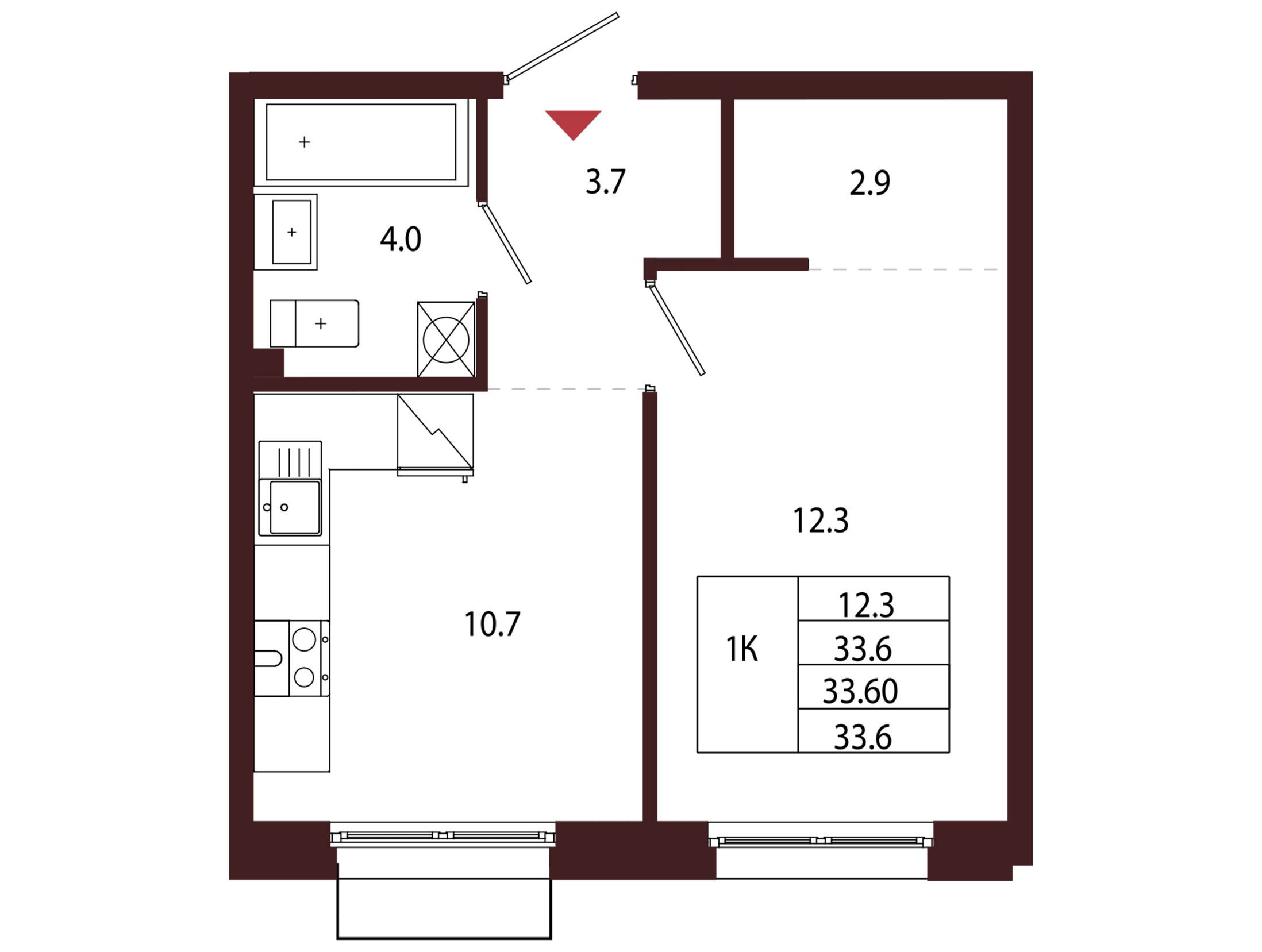 Планировка: 1-комн. квартира 33.60 м² в новостройке Лисино