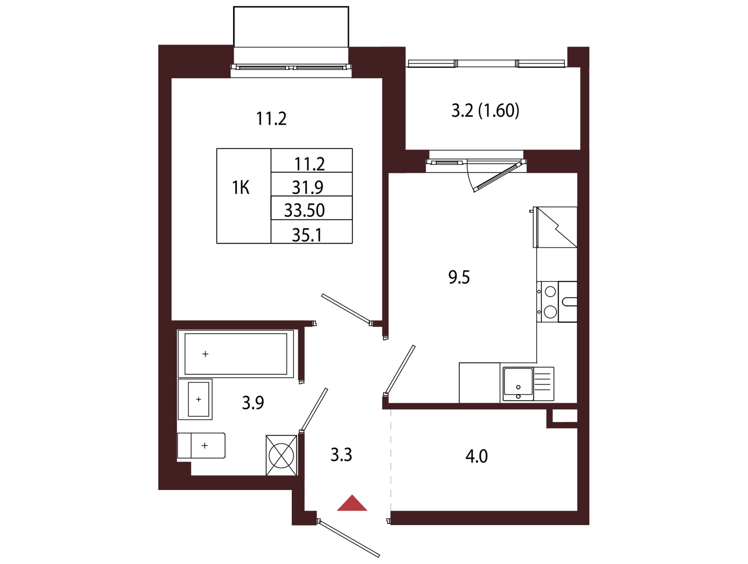 Планировка: 1-комн. квартира 33.50 м² в новостройке Лисино