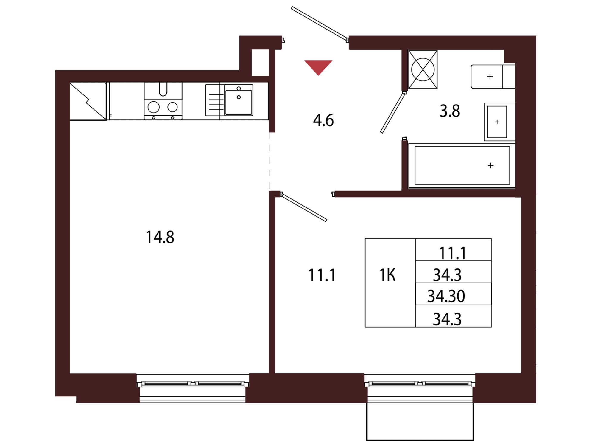 Планировка: 1-комн. квартира 34.30 м² в новостройке Лисино