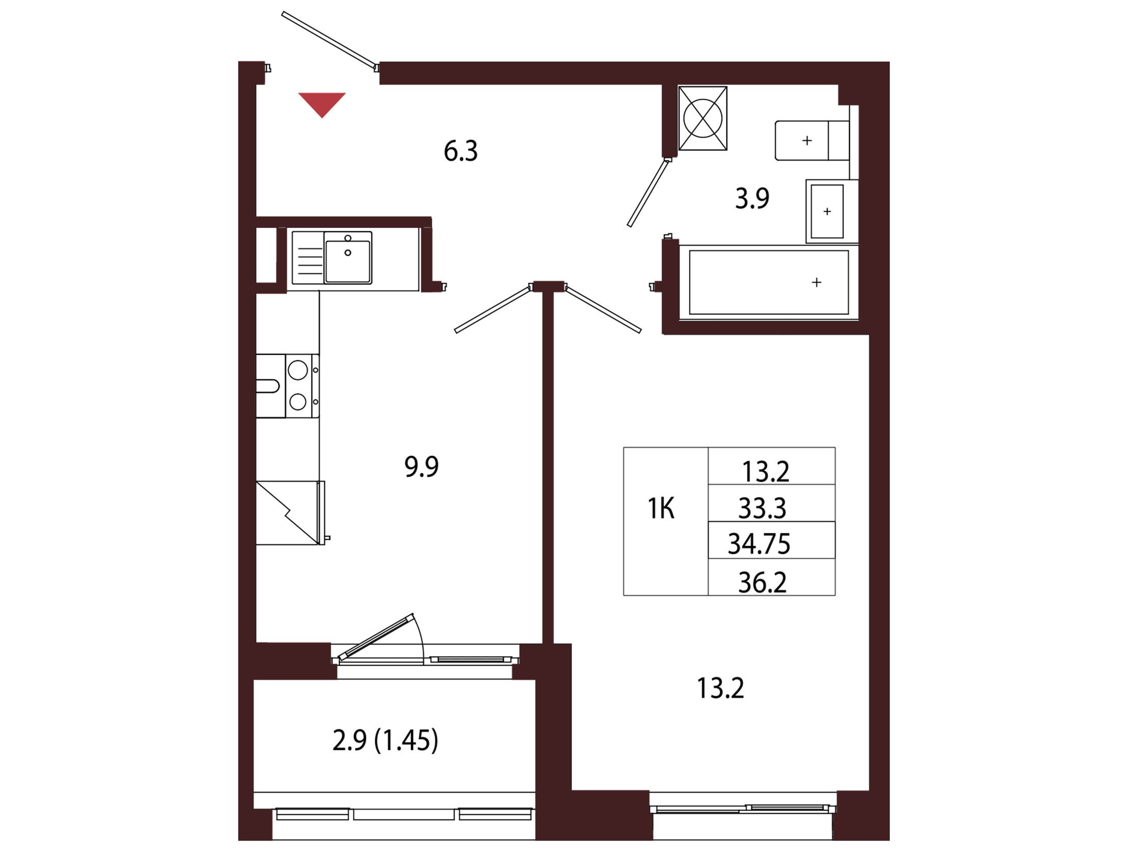 Планировка: 1-комн. квартира 34.75 м² в новостройке Лисино