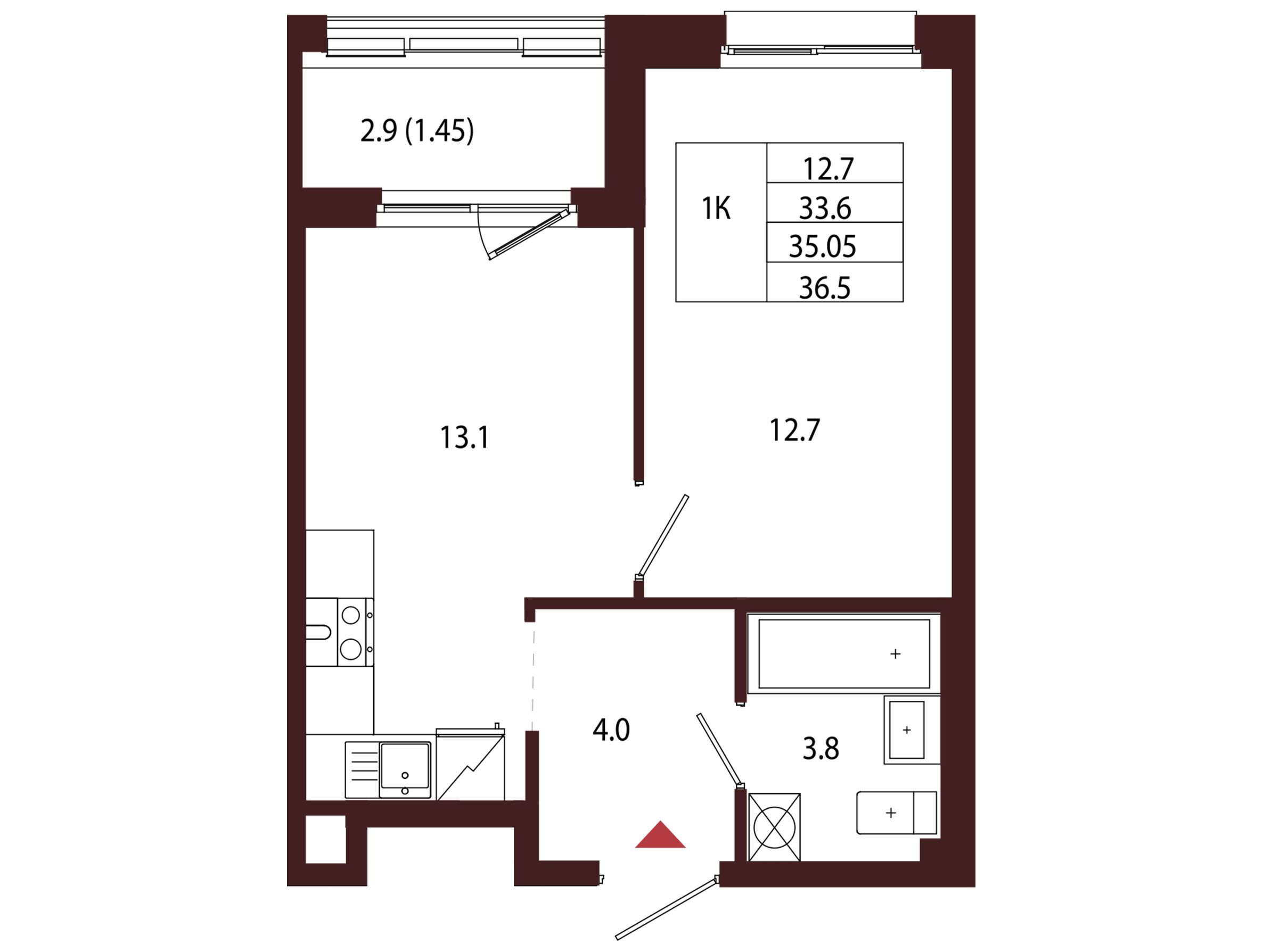 Планировка: 1-комн. квартира 35.05 м² в новостройке Лисино