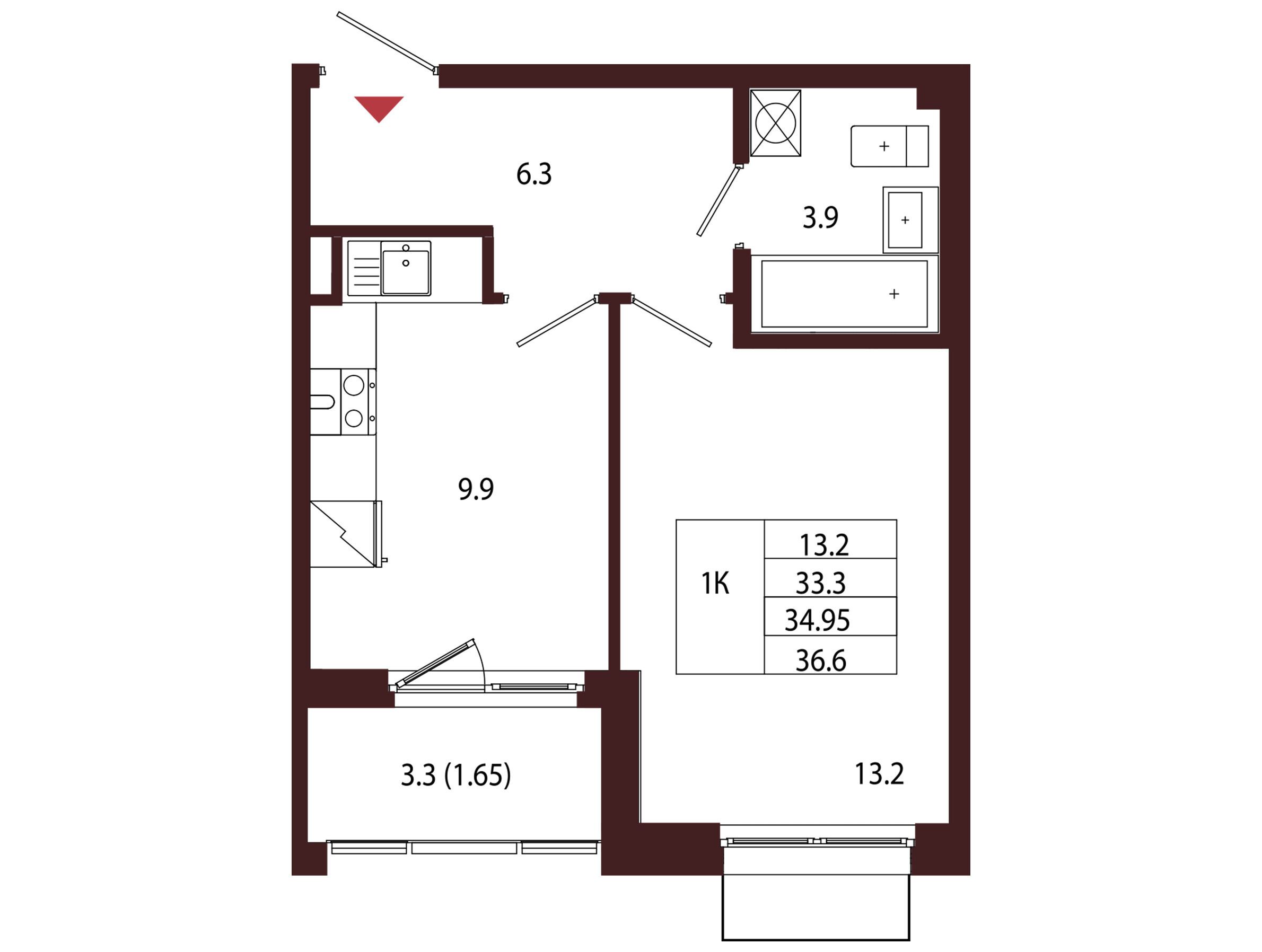 Планировка: 1-комн. квартира 34.95 м² в новостройке Лисино