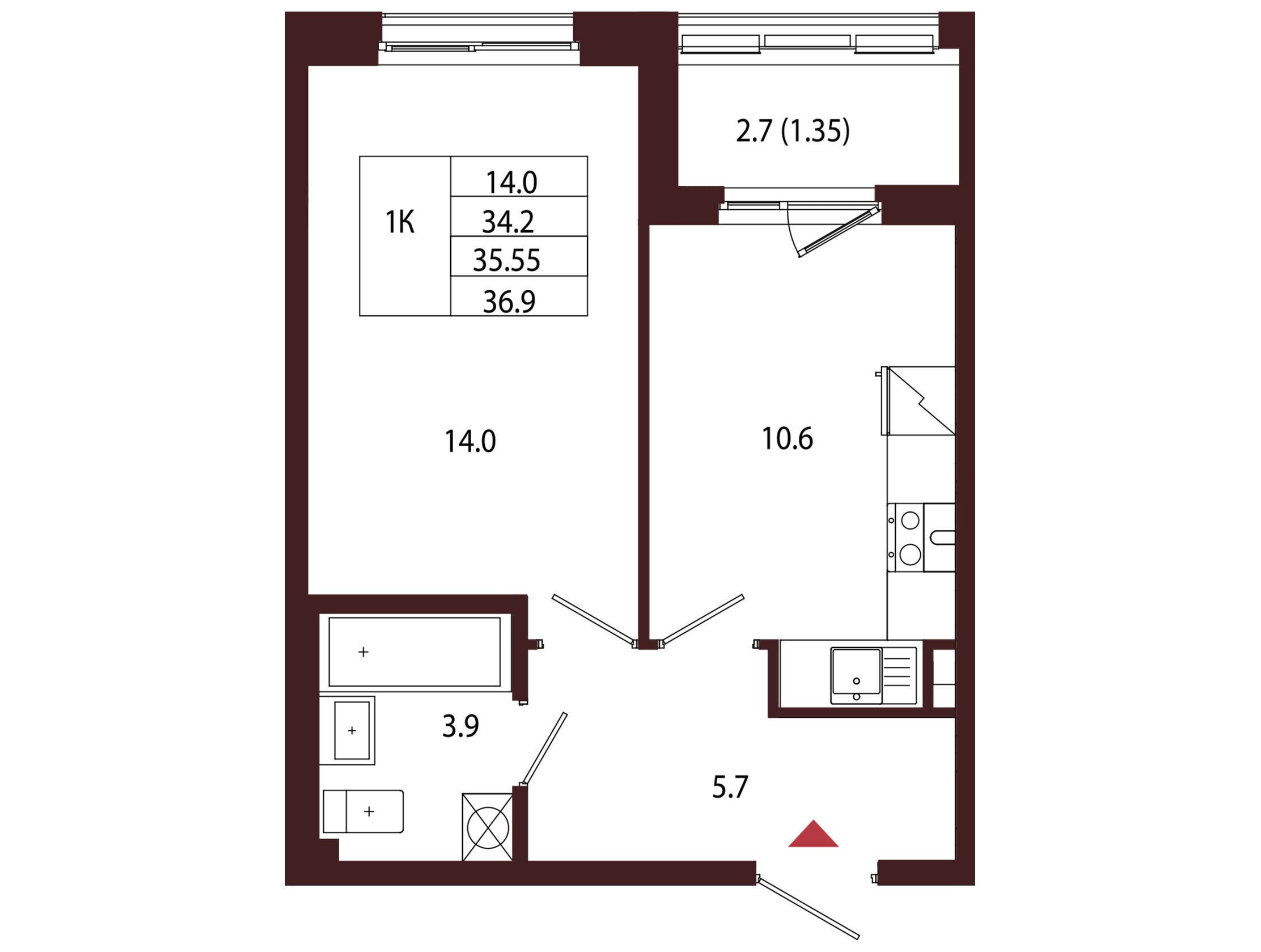 Планировка: 1-комн. квартира 35.55 м² в новостройке Лисино