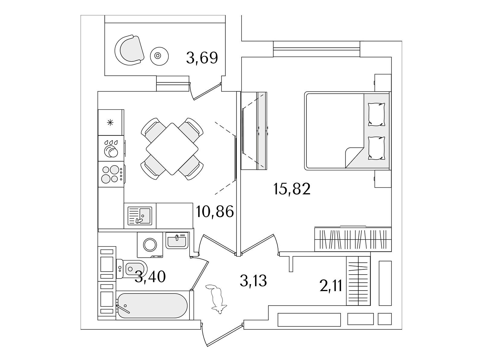 Планировка: 1-комн. квартира 39.00 м² в новостройке Лайнеръ