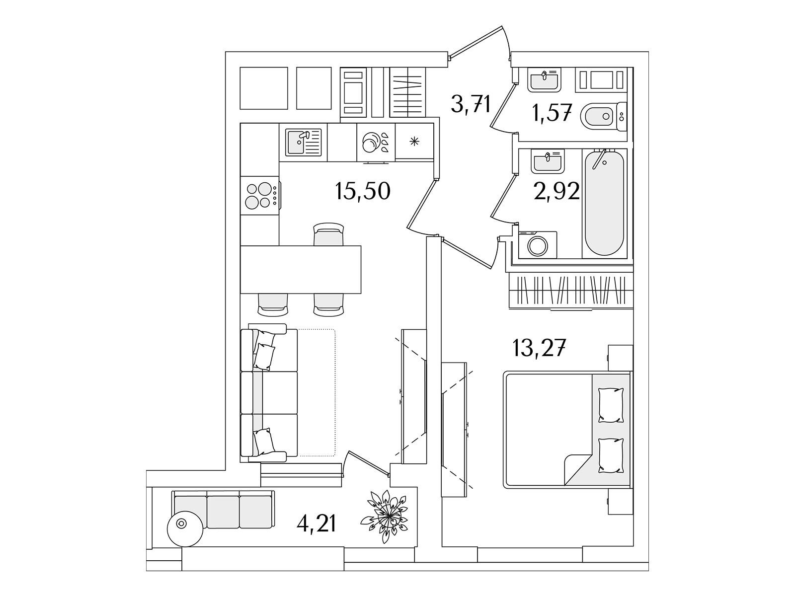 Планировка: 1-комн. квартира 38.60 м² в новостройке Лайнеръ