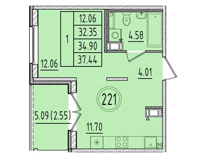 Планировка: 1-комн. квартира 32.35 м² в новостройке  Образцовый квартал 6.4