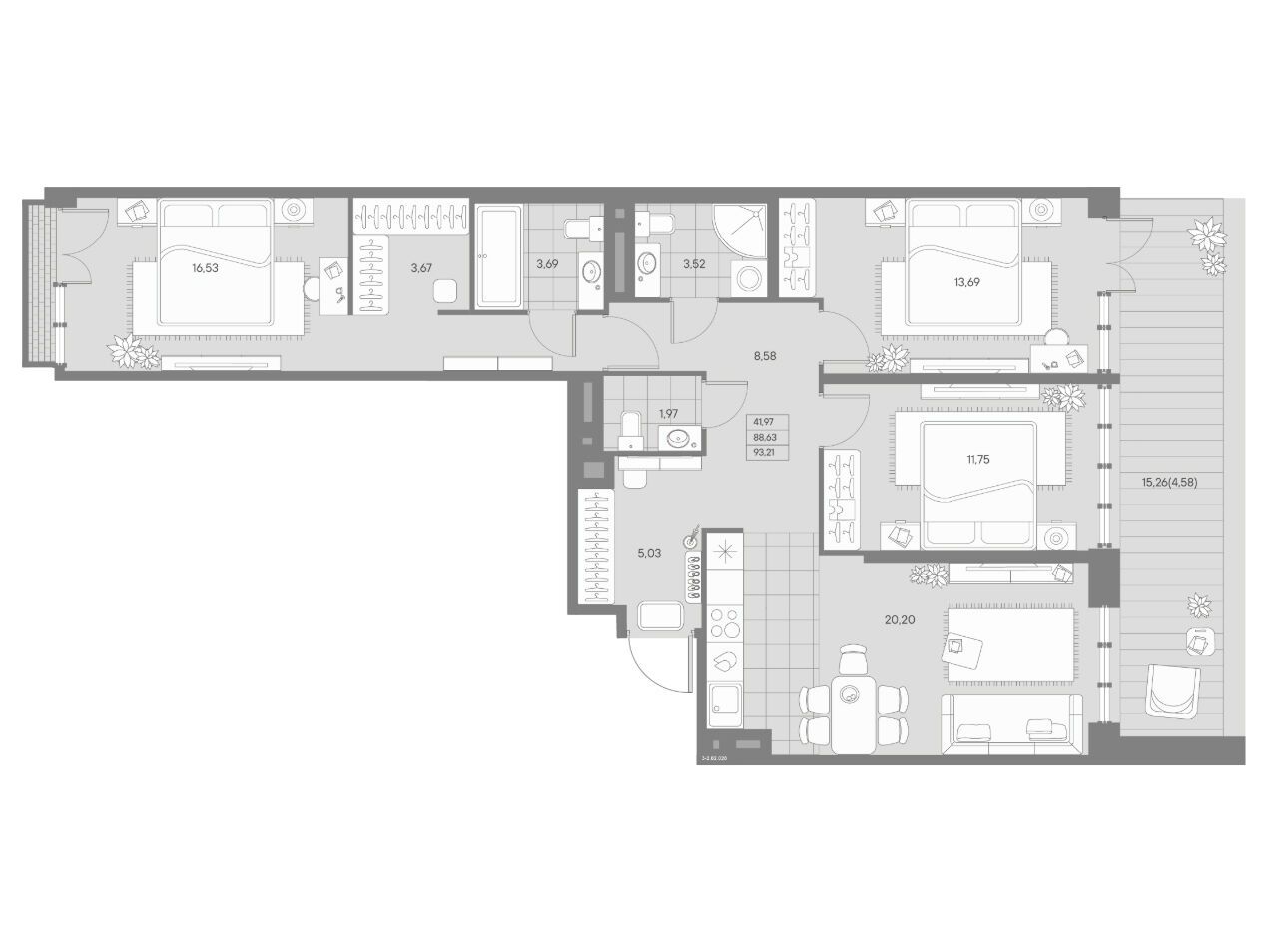 Планировка: 3-комн. квартира 93.21 м² в новостройке ЖК Авант