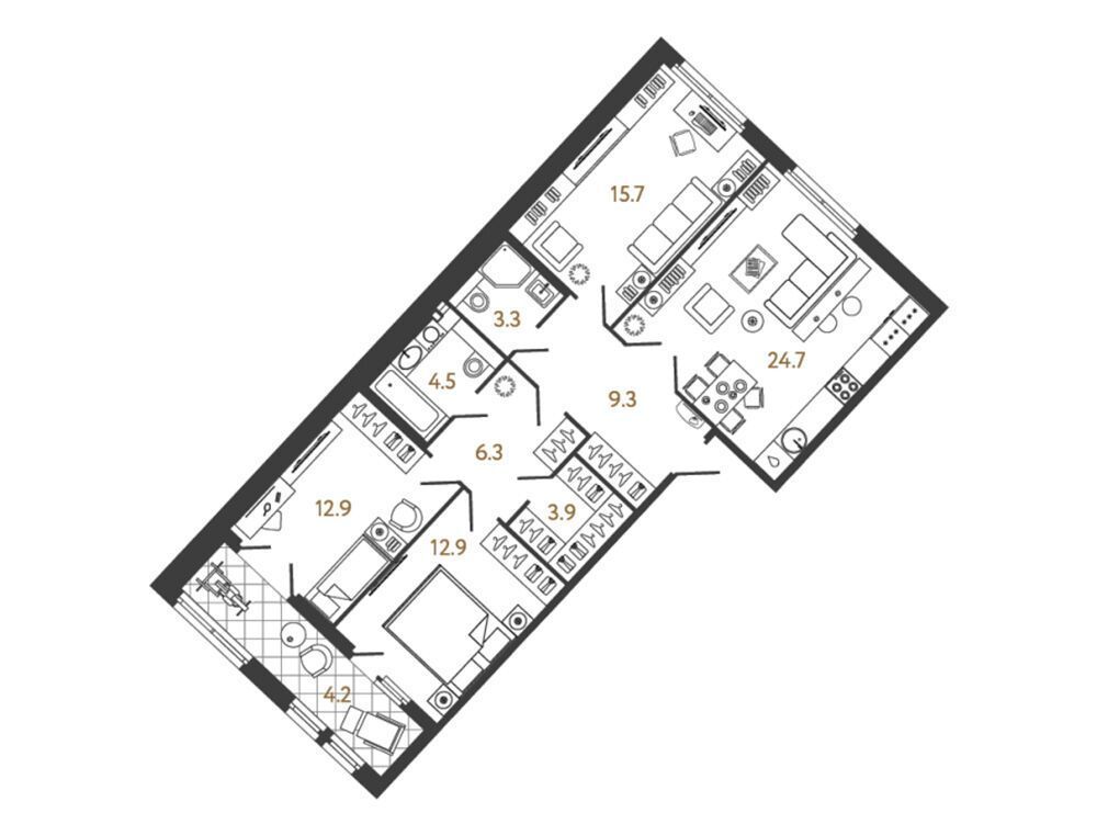 Планировка: 3-комн. квартира 93.60 м² в новостройке Миръ