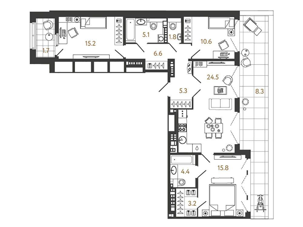 Планировка: 3-комн. квартира 92.00 м² в новостройке Миръ