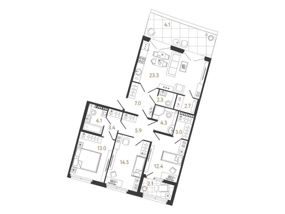 Планировка: 3-комн. квартира 96.00 м² в новостройке ЖК Миръ