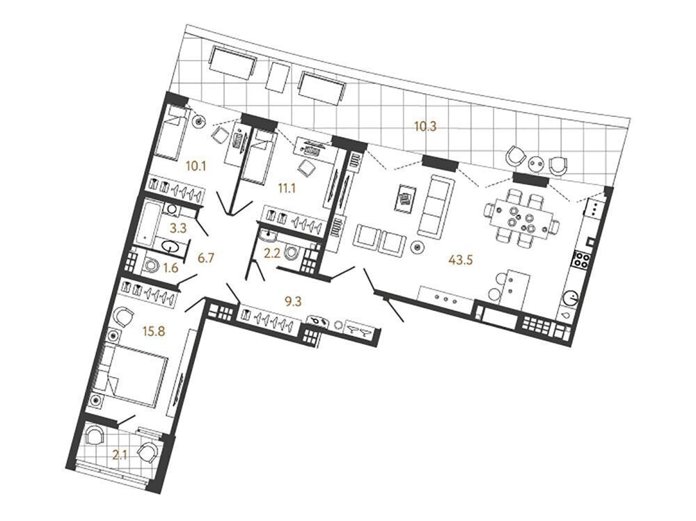 Планировка: 3-комн. квартира 102.60 м² в новостройке ЖК Миръ